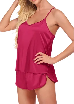 2pcs Silk Satin Camisole and Shorts Pajama Set, Semi Sheer and Lightweight