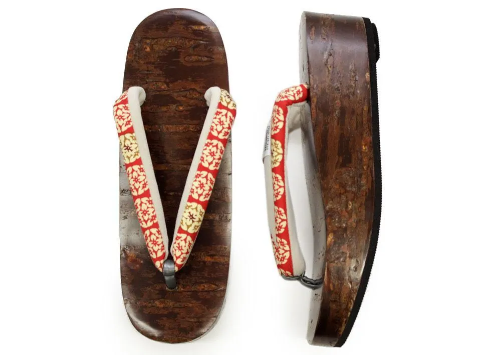 【Archive】Women's Japanese Kimono Yukata Wooden Geta Sandals- Boat Shape, Red Brown Hanao