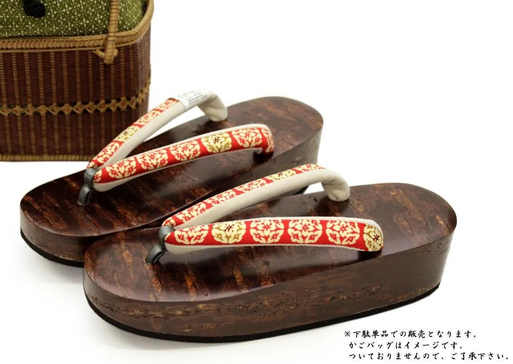 【Archive】Women's Japanese Kimono Yukata Wooden Geta Sandals- Boat Shape, Red Brown Hanao