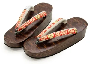 【Archive】Women's Japanese Kimono Yukata Wooden Geta Sandals- Boat Shape, Red Brown Hanao