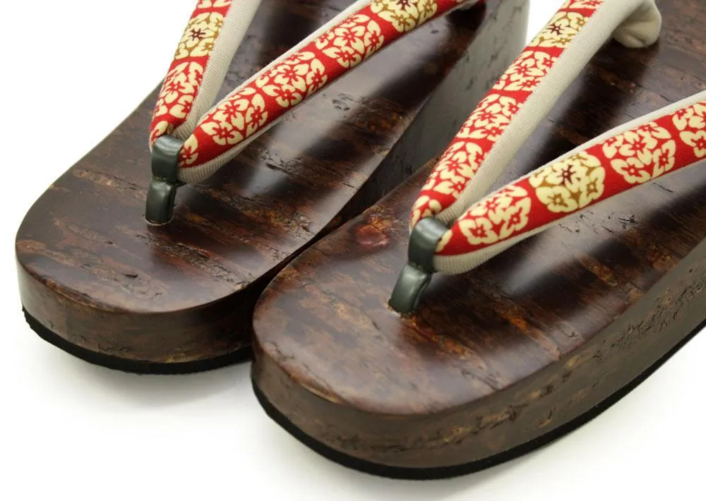 【Archive】Women's Japanese Kimono Yukata Wooden Geta Sandals- Boat Shape, Red Brown Hanao
