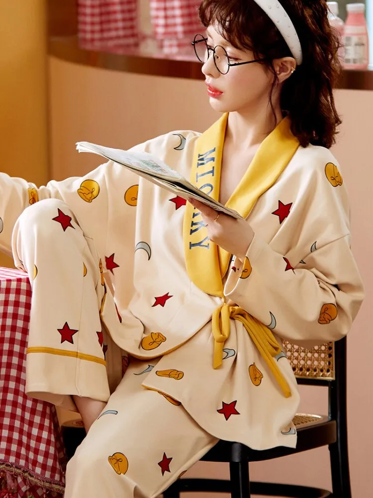 Autumn Winter Women Pyjamas Sets Kimono Bathrobe Style Woman Full Elegant Home Sleepwear Clothing Soft Cotton Women Pajamas Set
