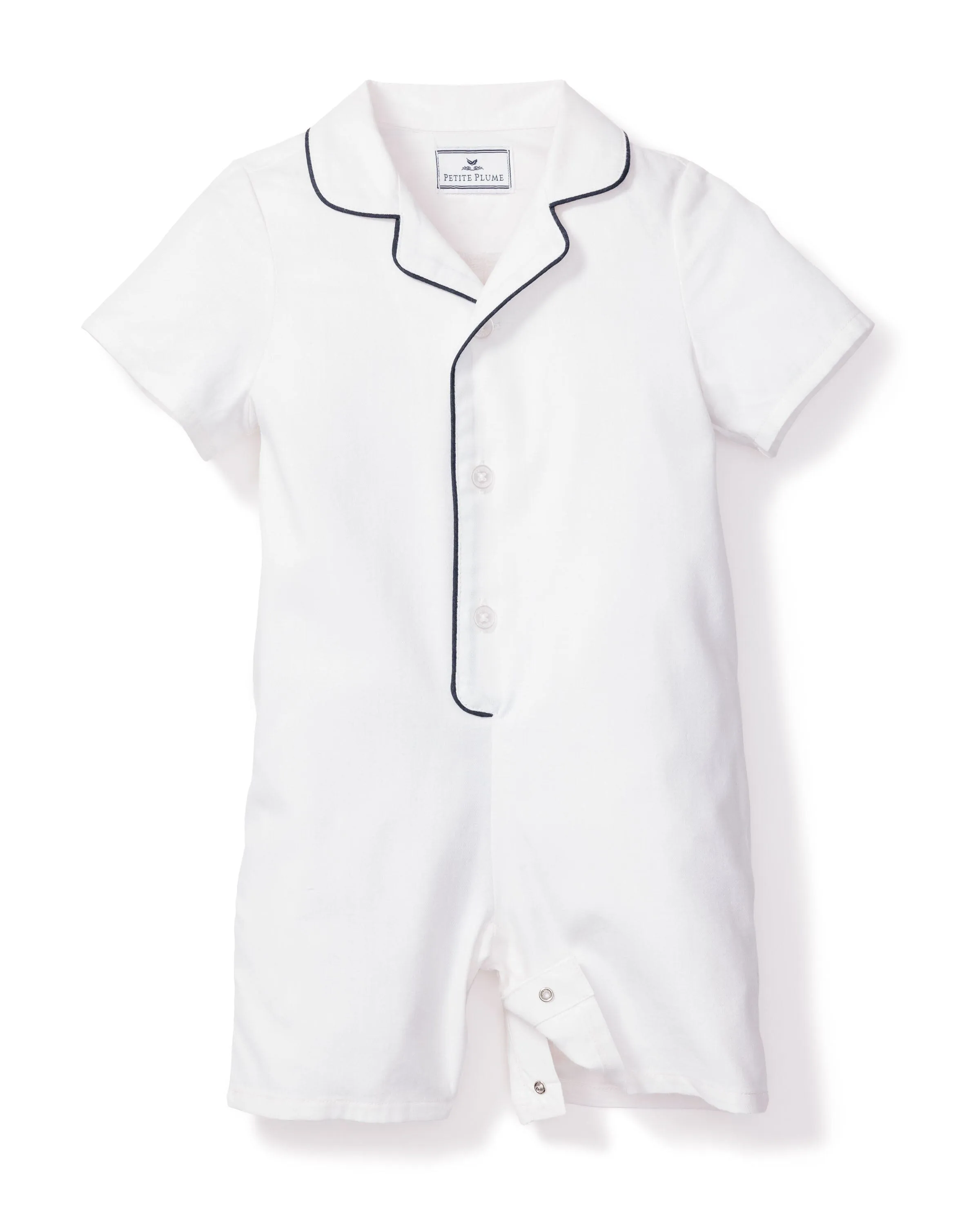 Baby's Twill Summer Romper | White with Navy Piping