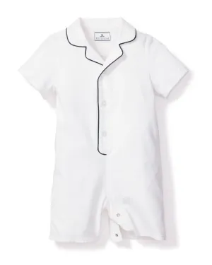 Baby's Twill Summer Romper | White with Navy Piping