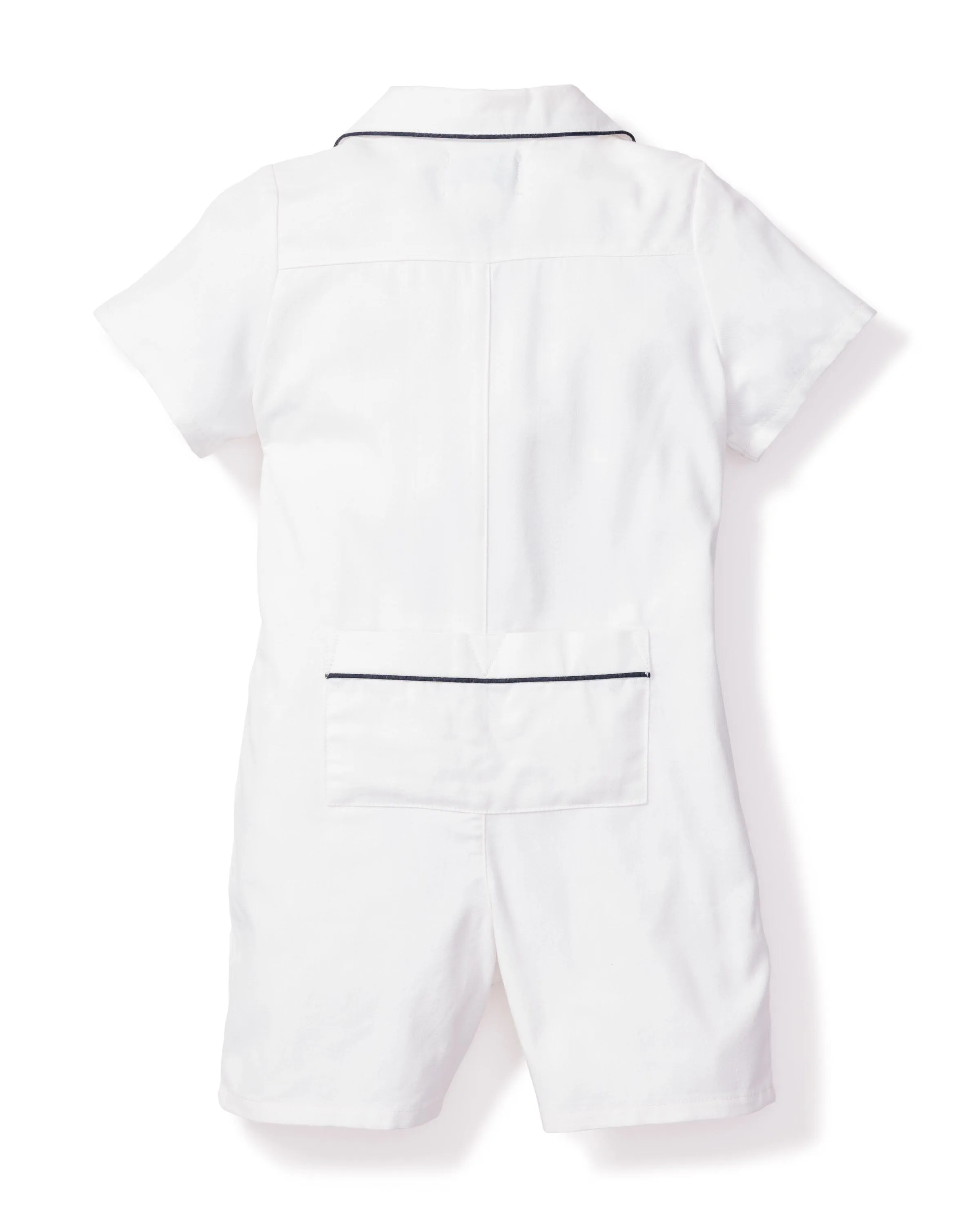 Baby's Twill Summer Romper | White with Navy Piping