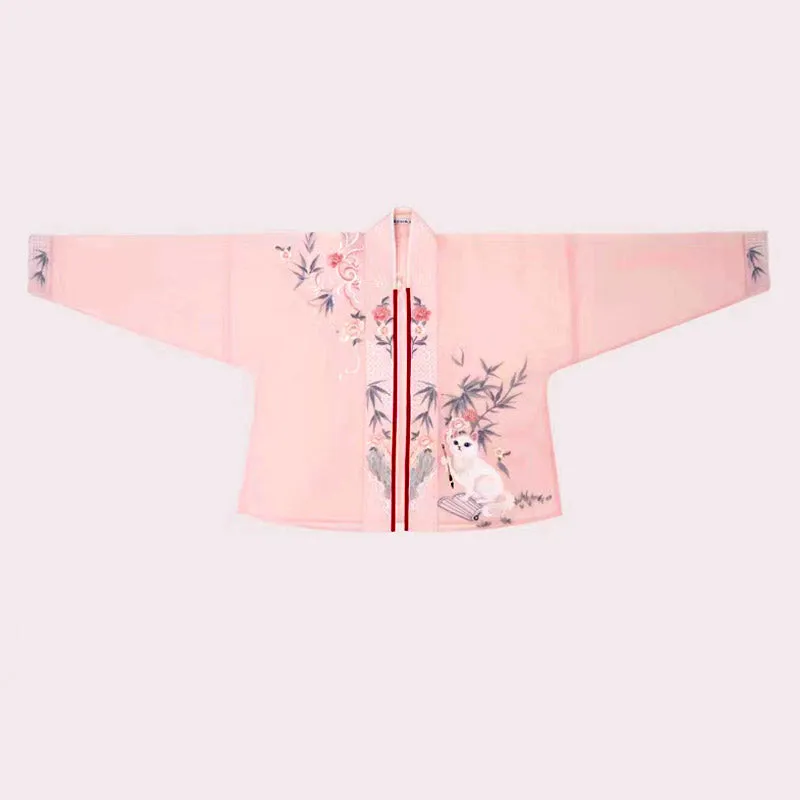 Bamboo Leaves Flowers and Cat Embroidery Casual Pink Hanfu Set