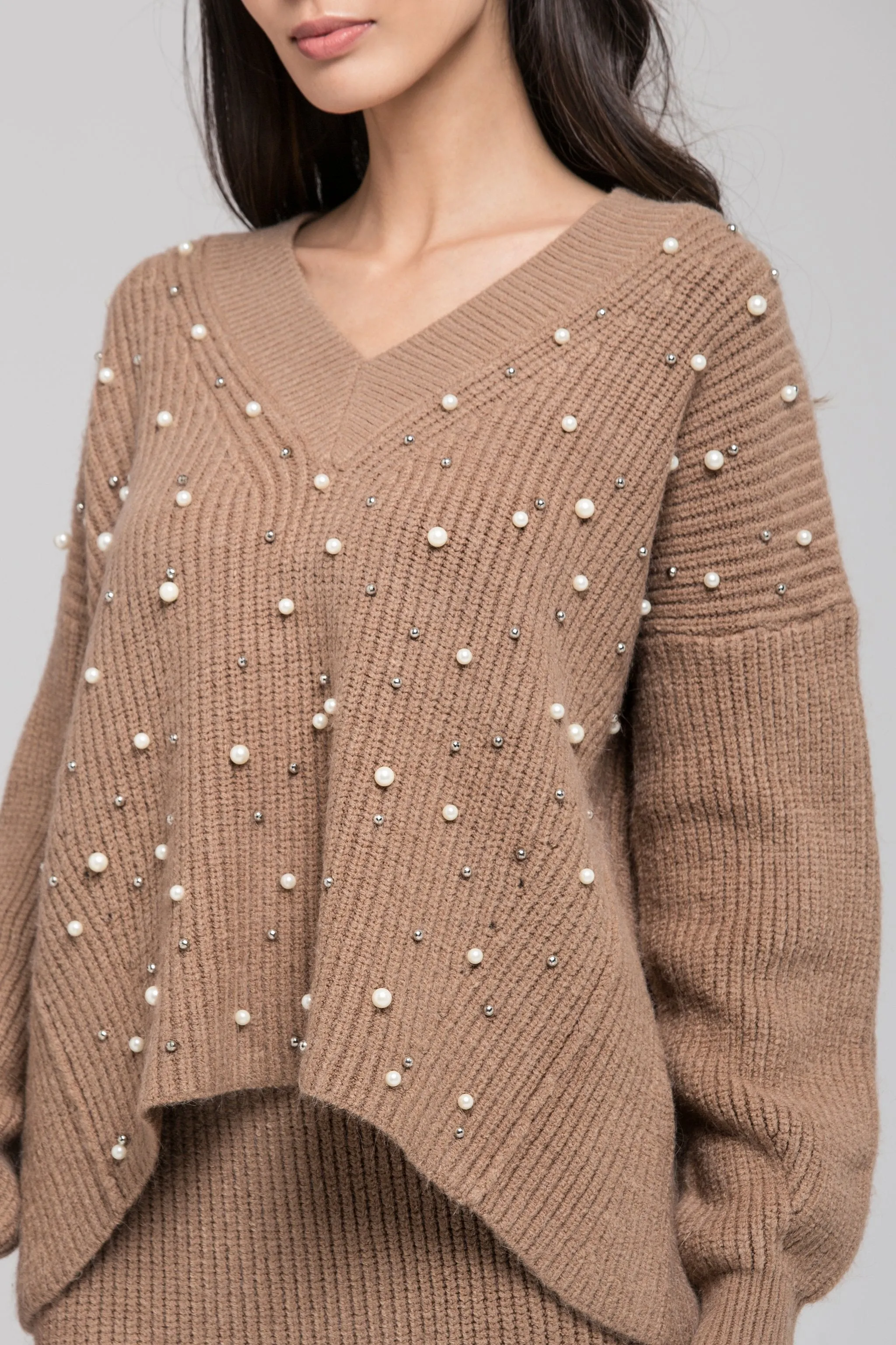 Brown Knit Pearl Detail Sweater and Skirt Set