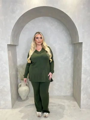 Curve Khaki V Neck Panel Oversize Lounge Set