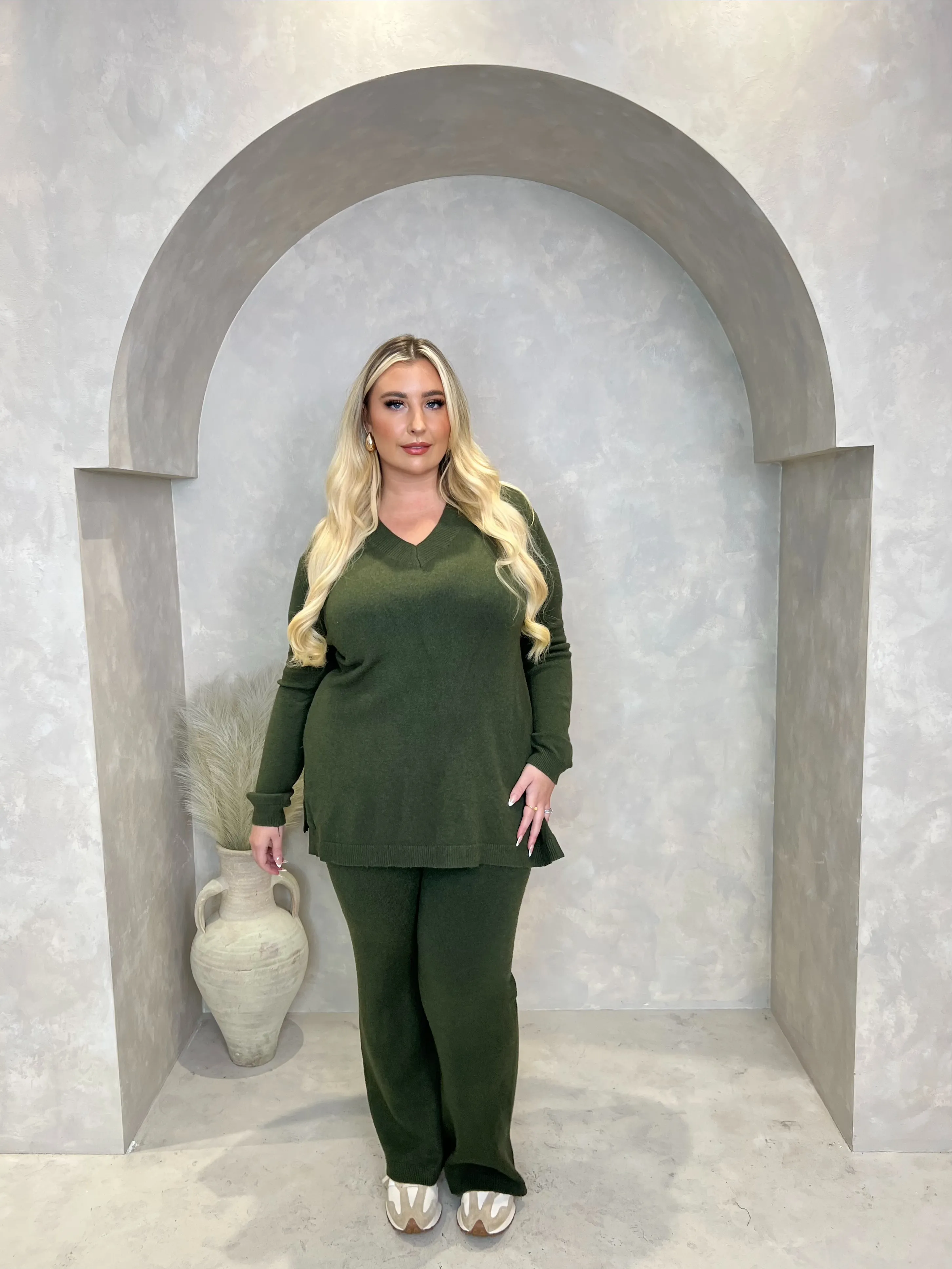 Curve Khaki V Neck Panel Oversize Lounge Set