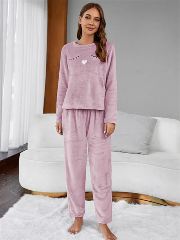 Cute Embroidery Flannel Pajama Set