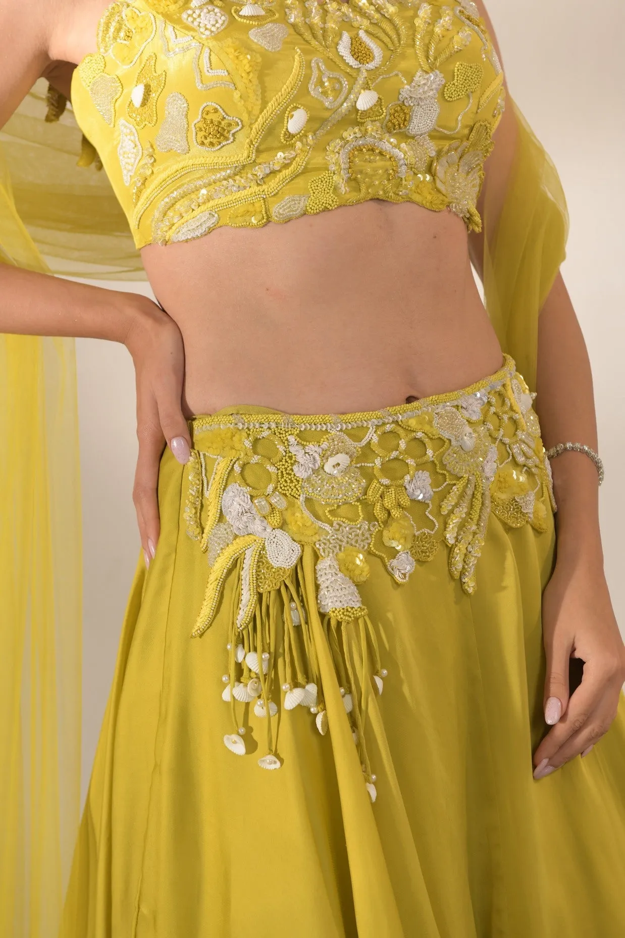 Cutwork blouse; cape; lehenga set