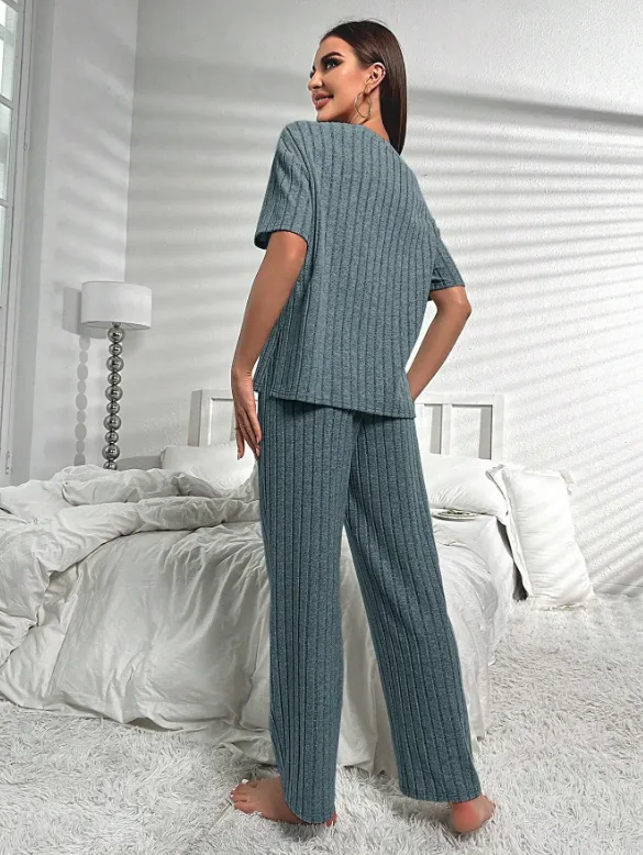 Dark Blue Short Sleeve Loungewear Set