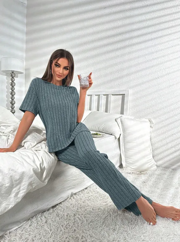 Dark Blue Short Sleeve Loungewear Set