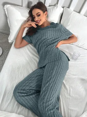 Dark Blue Short Sleeve Loungewear Set