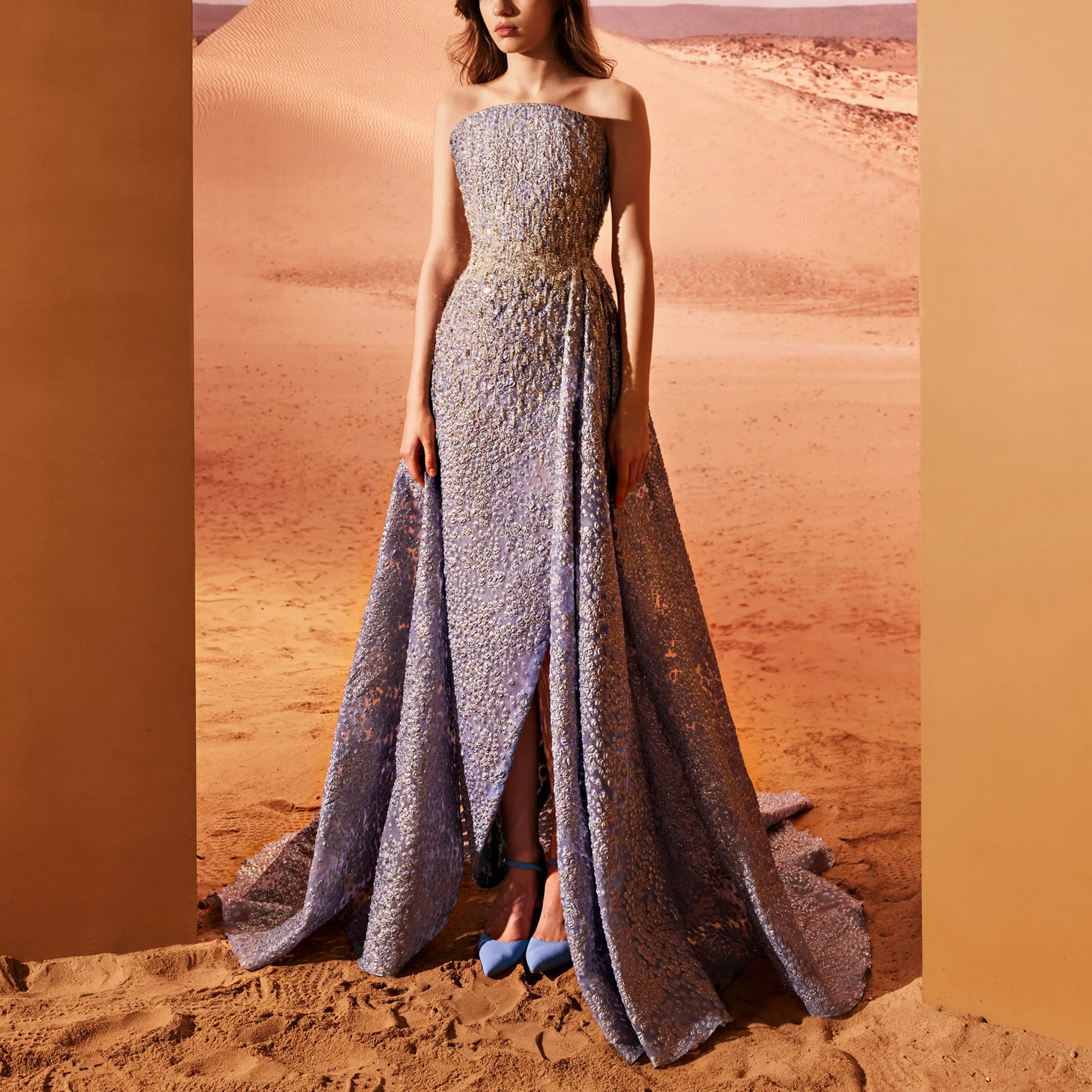 Embellished Blue Serenity Dress With Train