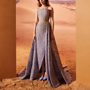 Embellished Blue Serenity Dress With Train