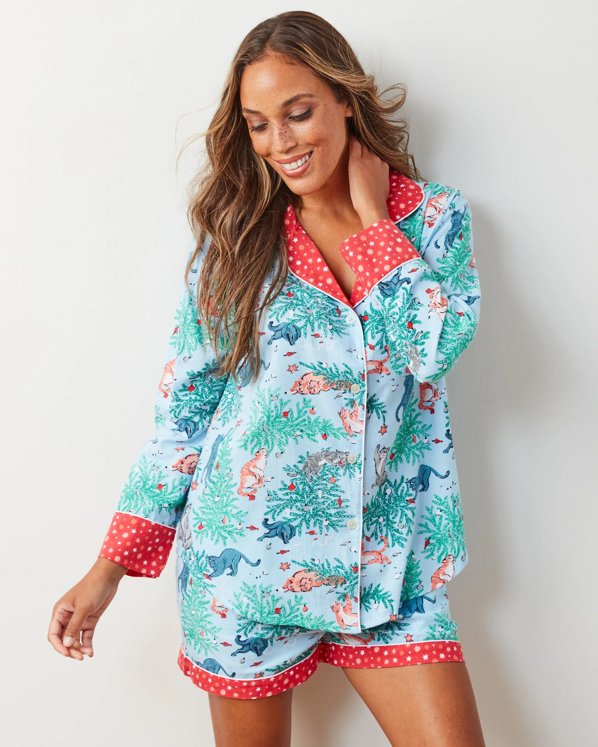 Frisky Firs - Lightweight Flannel Long Sleeve Top & Shorts Set - Twinkling Blue
