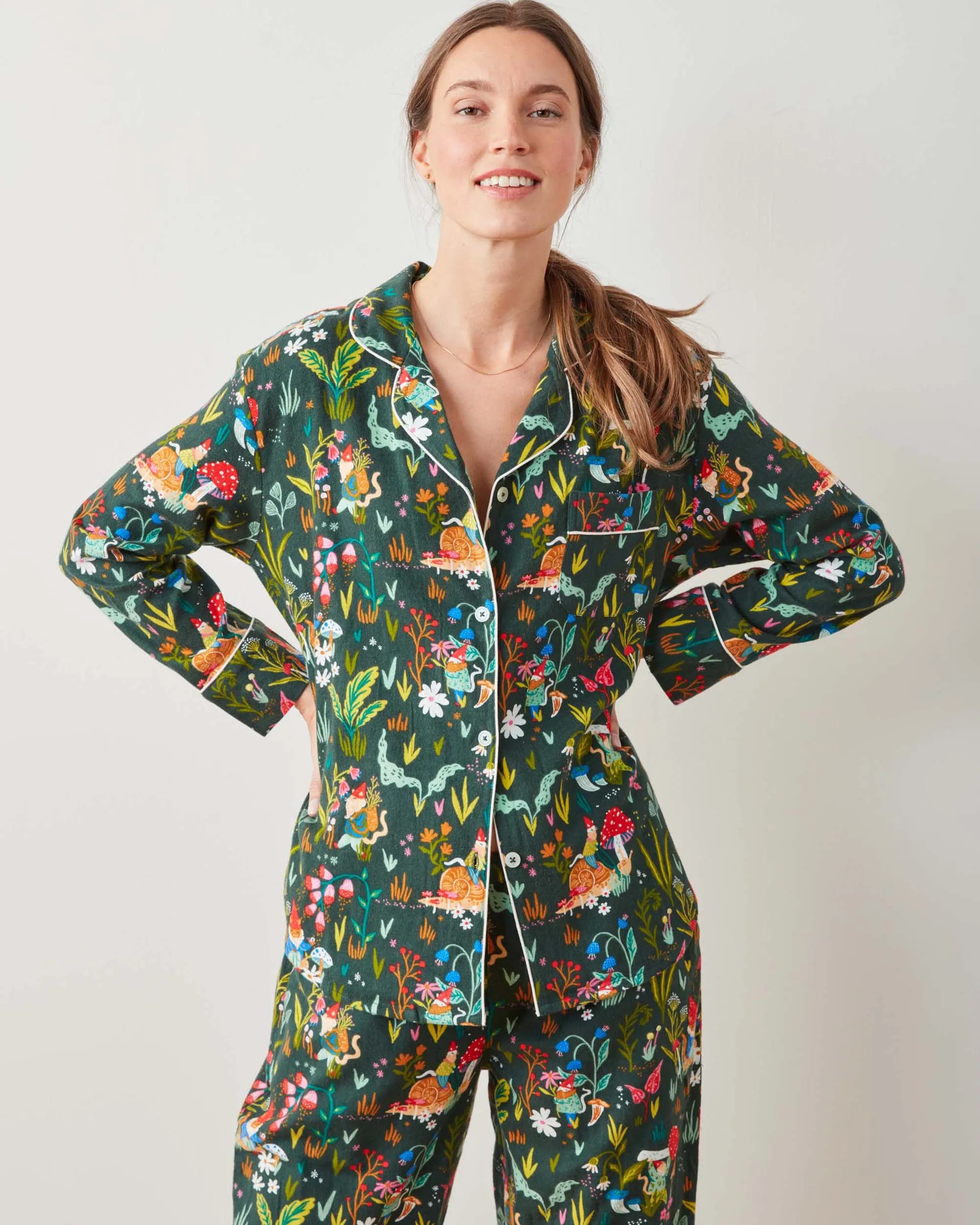 Gnome Garden - Midweight Flannel Long PJ Set - Olive Tree