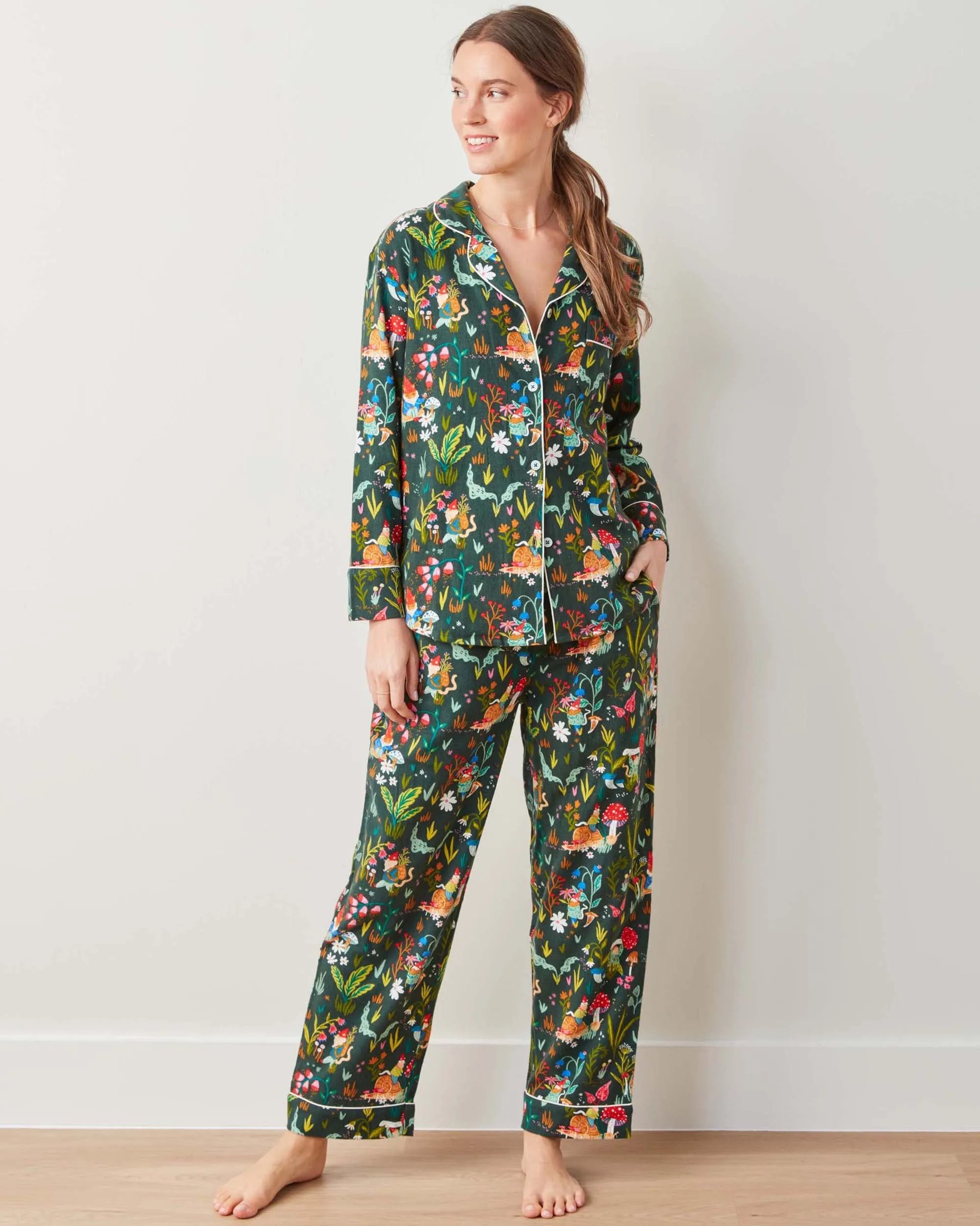 Gnome Garden - Midweight Flannel Long PJ Set - Olive Tree