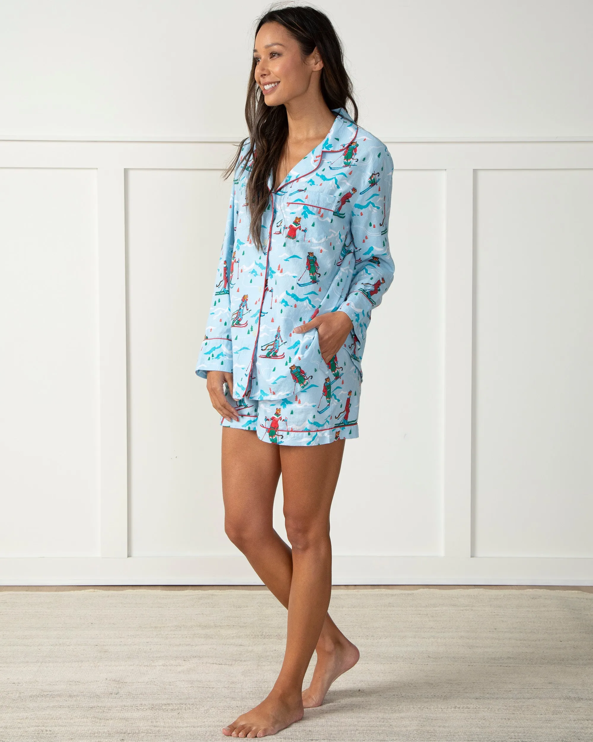 Hit the Slopes - Lightweight Flannel Long Sleeve Top & Shorts Set - Frosted Lake