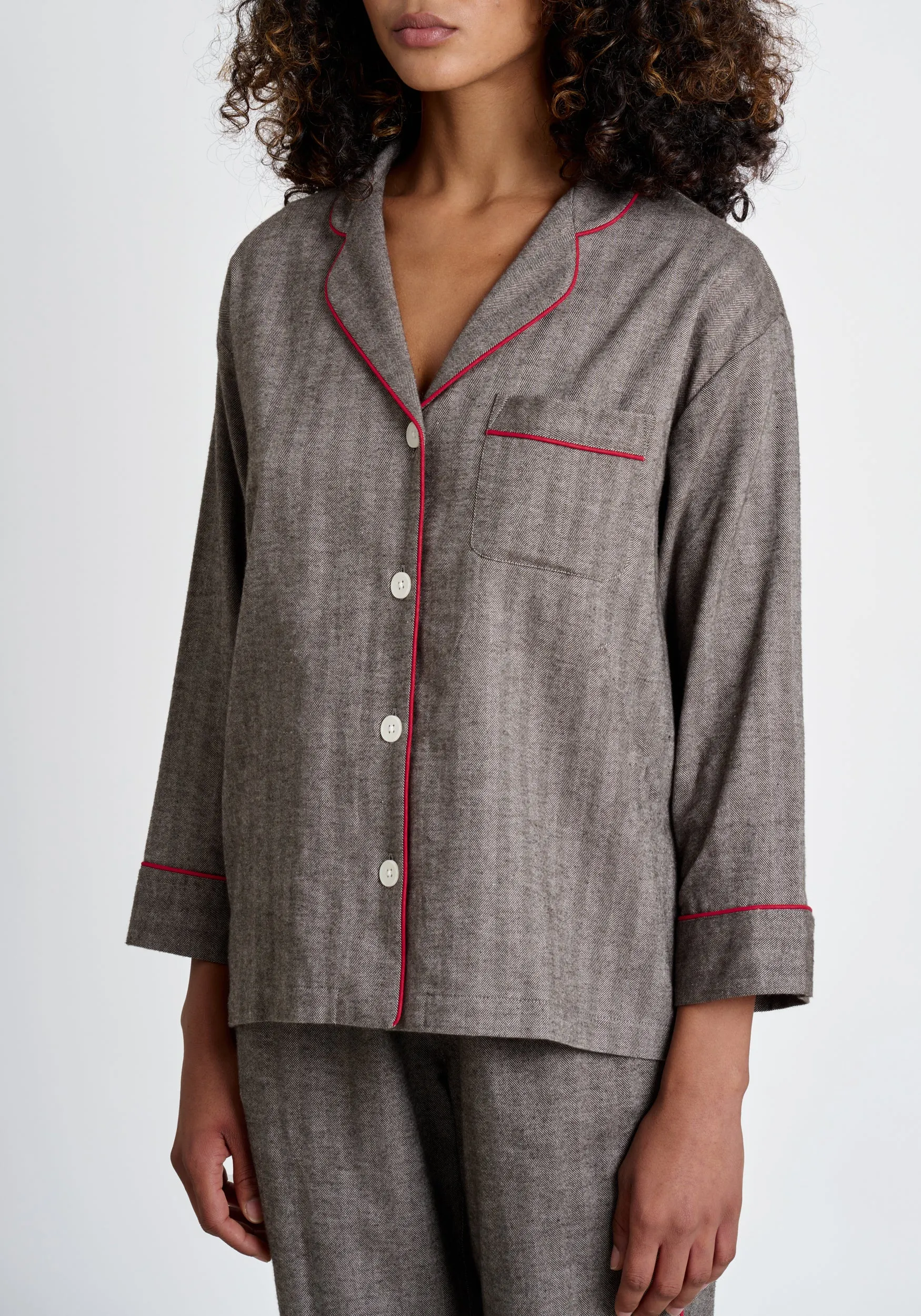 Marina Pajama Set in Brown Herringbone Flannel