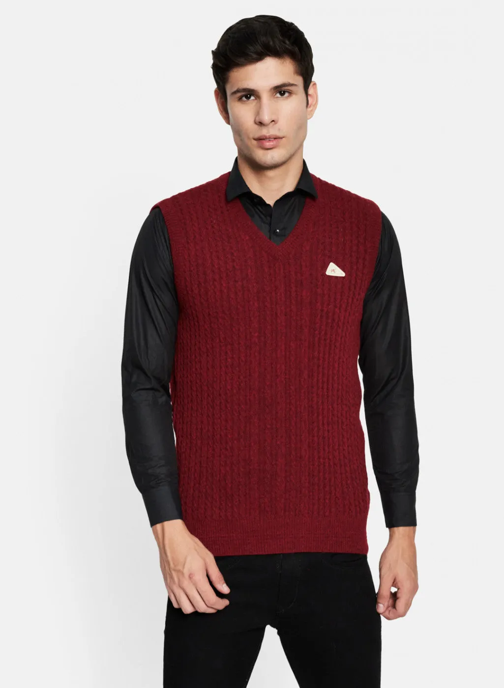 Men Maroon Self Design Sweater