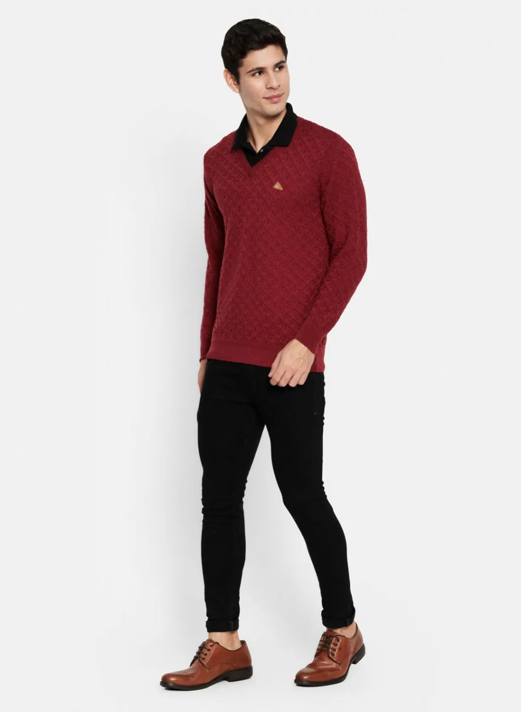 Men Maroon Self Design Sweater