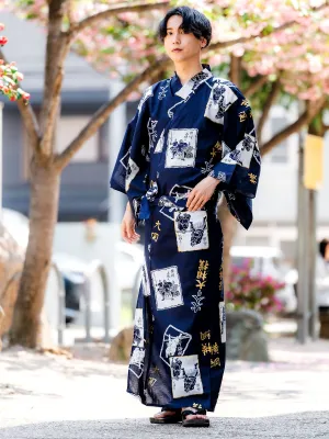 Men's Cotton Yukata Robe – Comfortable Japanese Summer Kimono with SUMO Wrestler Design in Navy
