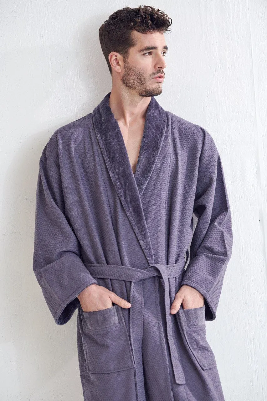Men's Waffle Cotton Turkish Velour Shawl Collar Bathrobe, Luxury Fabric & Comfort, (Charcoal Gray)