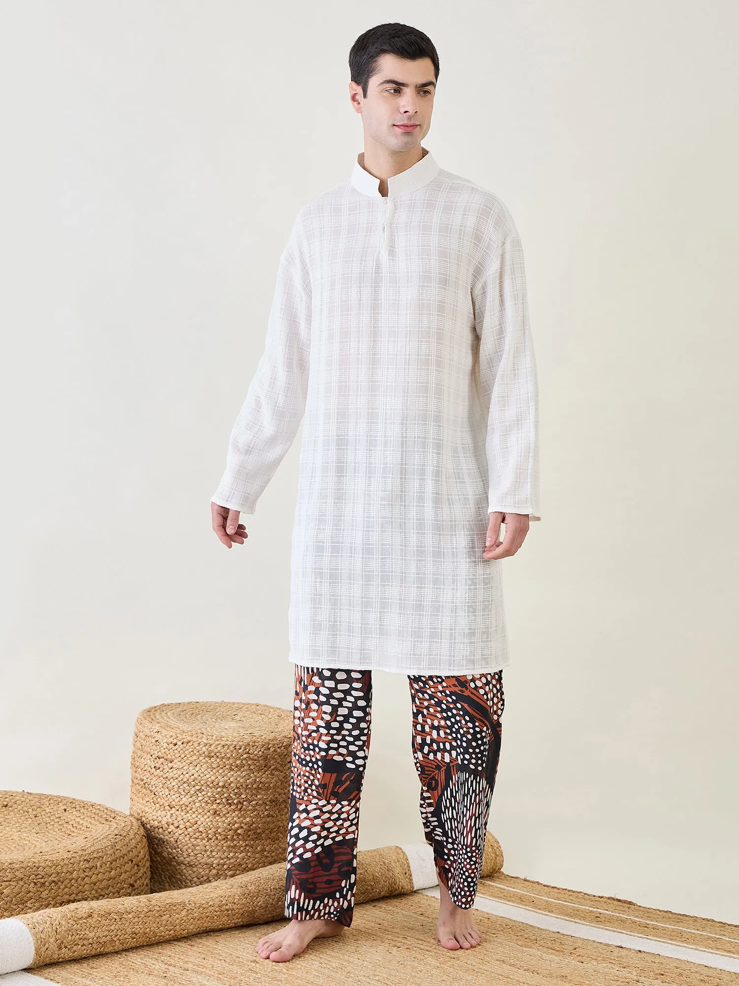 Mens White Kurta with Animal Printed Pants