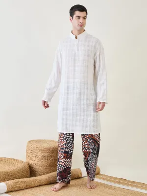 Mens White Kurta with Animal Printed Pants