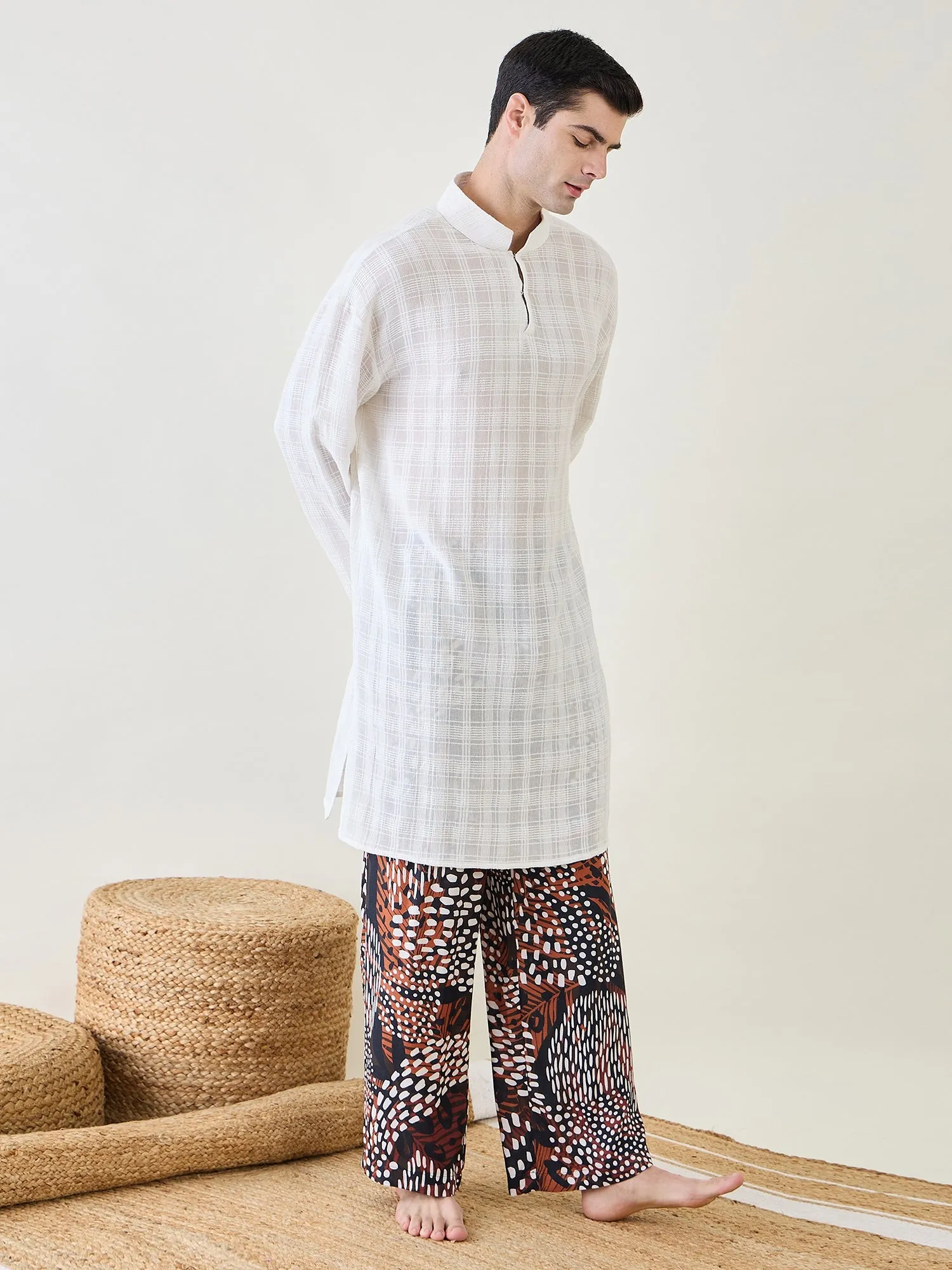 Mens White Kurta with Animal Printed Pants