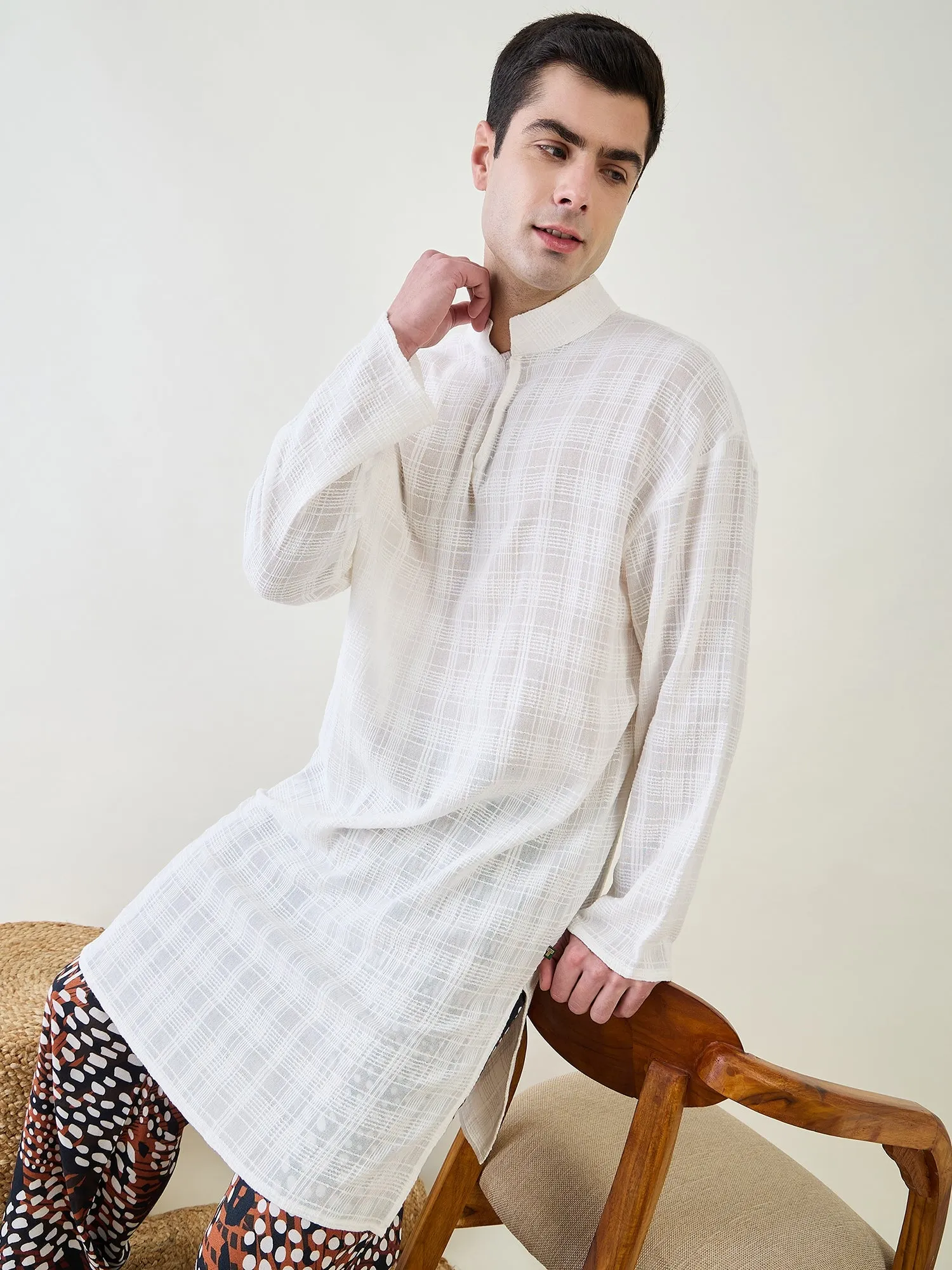 Mens White Kurta with Animal Printed Pants
