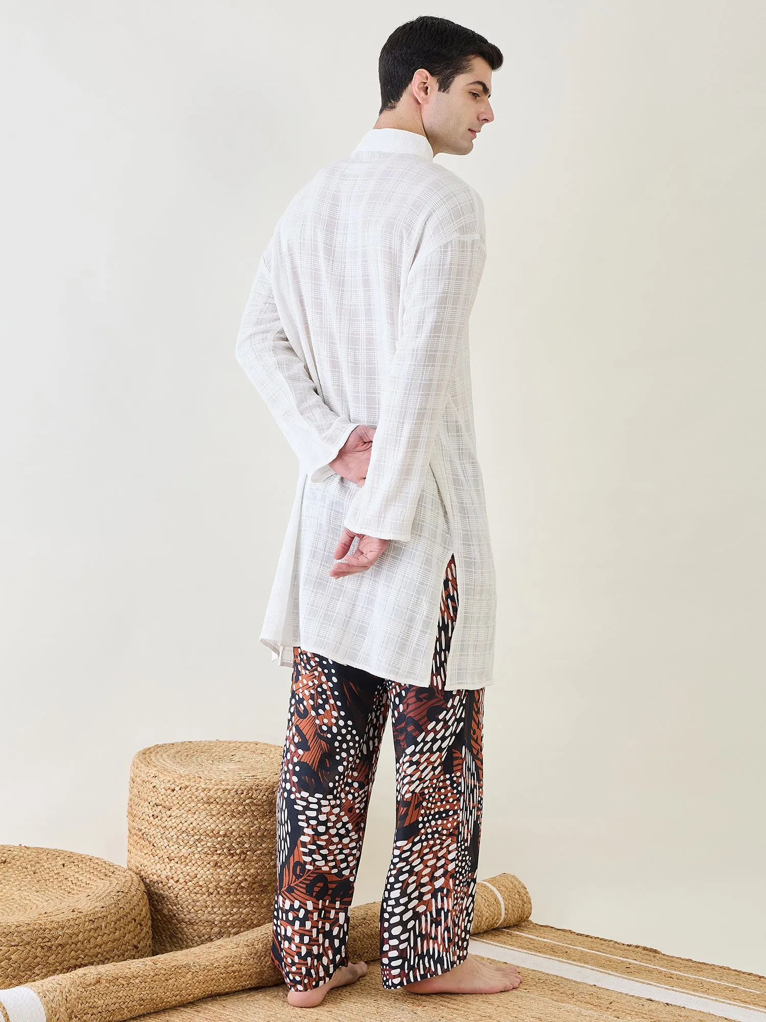 Mens White Kurta with Animal Printed Pants