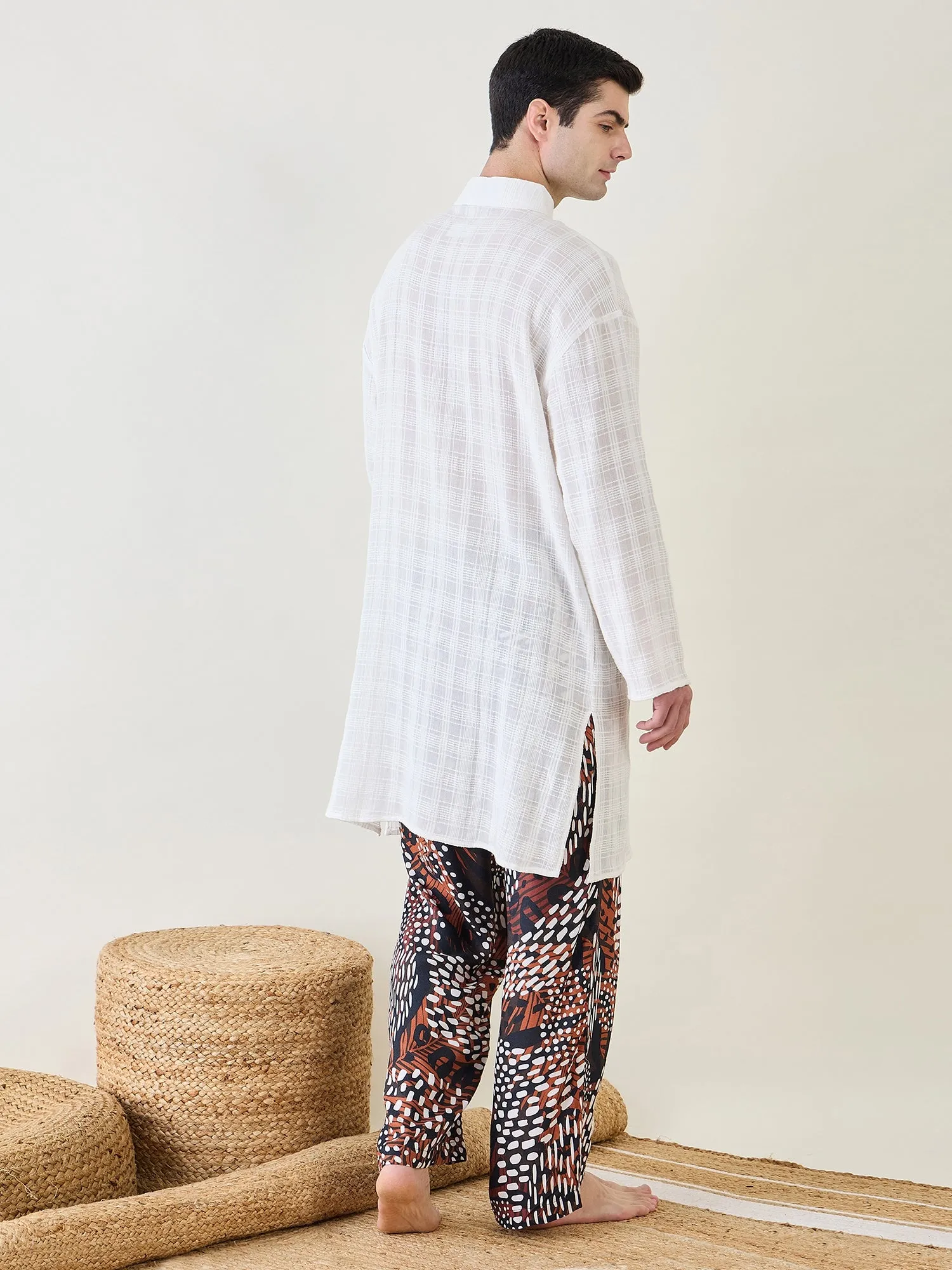 Mens White Kurta with Animal Printed Pants
