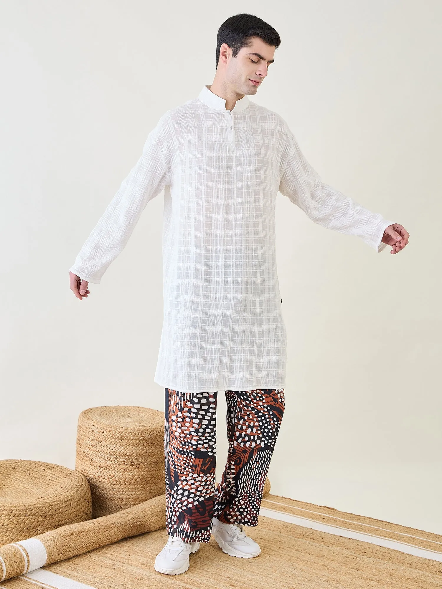 Mens White Kurta with Animal Printed Pants