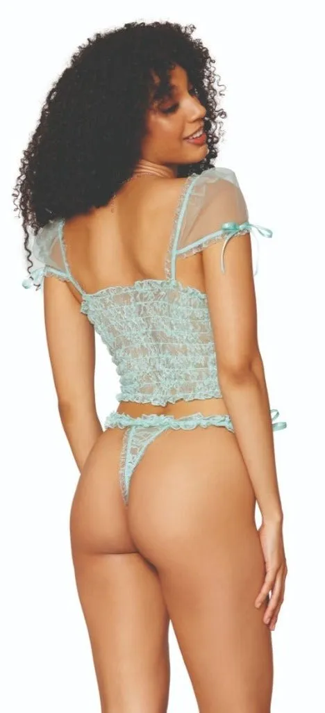 Mint Delight Lace Smocking Camisole and Thong Set