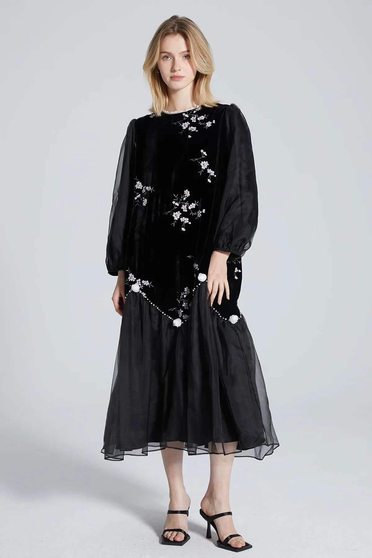 Nadia Embroidery Mesh Splice Velvet Dress