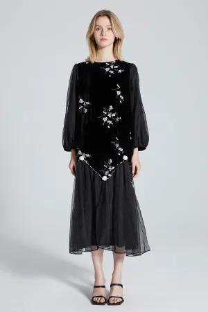 Nadia Embroidery Mesh Splice Velvet Dress