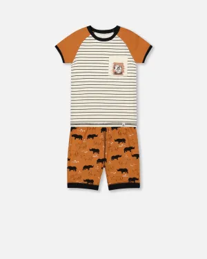 Organic Cotton Two Piece Short Pajama Set Caramel Printed Rhinoceros