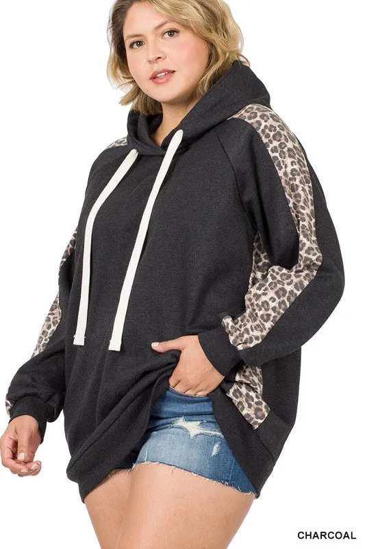Plus Sweat Hoodie with Leopard Contrast