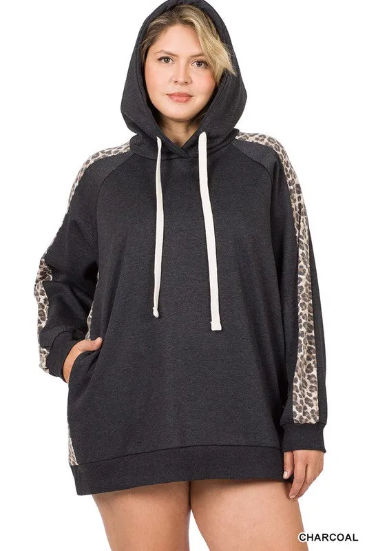 Plus Sweat Hoodie with Leopard Contrast