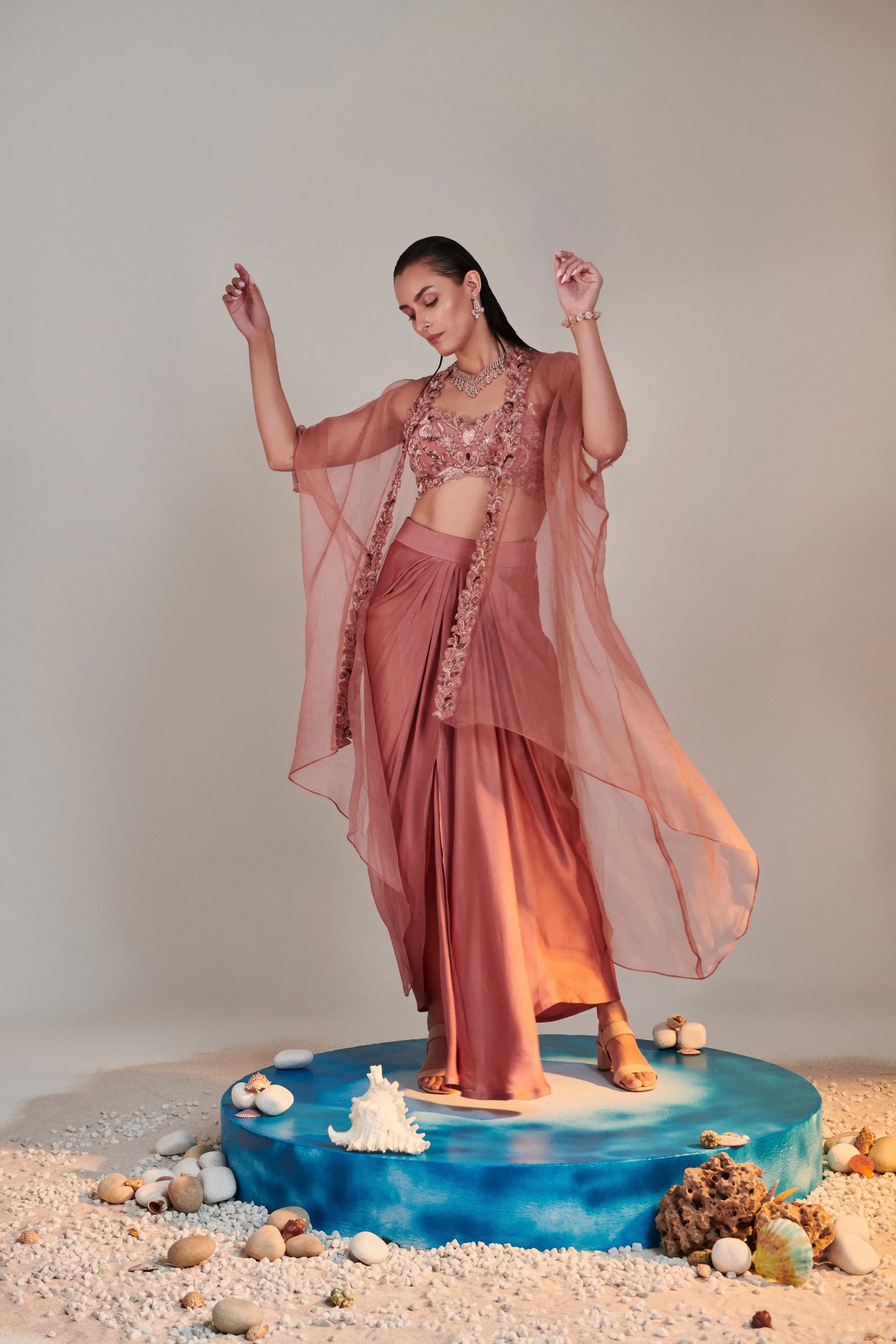 Salmon pink pure organza cape cutwork zardozi embroidery