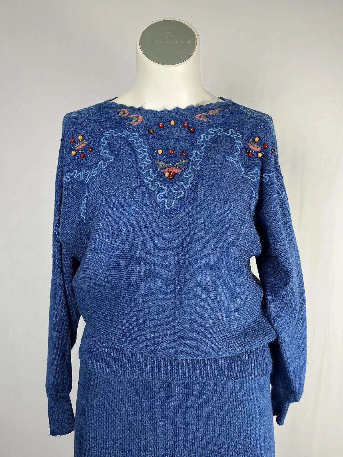 Vintage Knit Ability by Brenda Lewis Size 16W Blue & Brown Skirt Set
