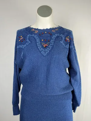 Vintage Knit Ability by Brenda Lewis Size 16W Blue & Brown Skirt Set
