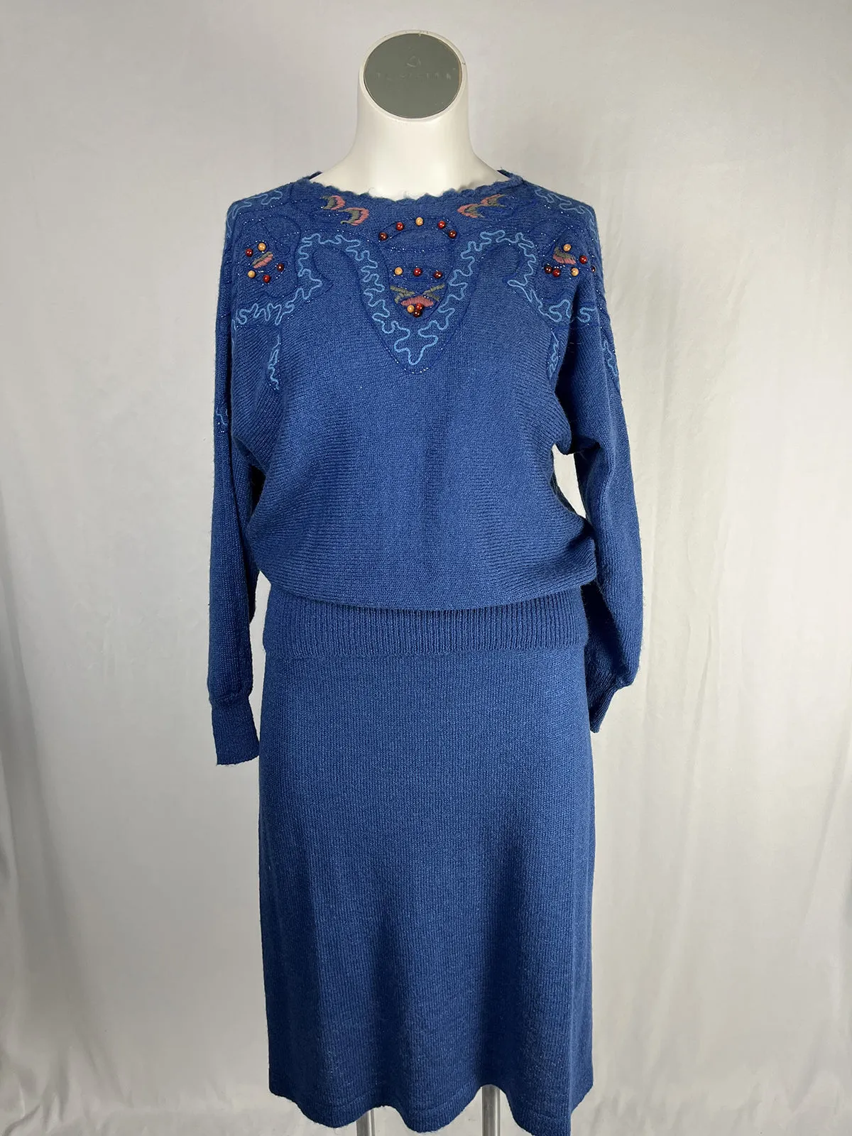 Vintage Knit Ability by Brenda Lewis Size 16W Blue & Brown Skirt Set