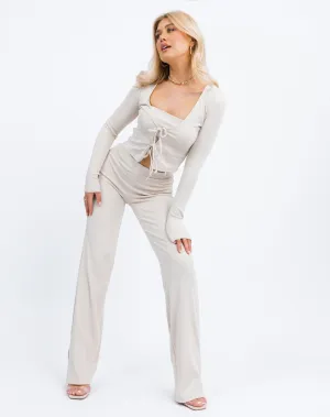 Wide Leg Rib Stretch Trousers in Beige| Lana