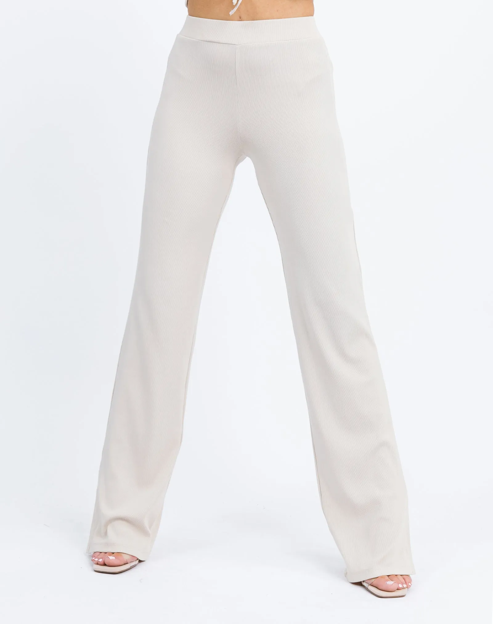 Wide Leg Rib Stretch Trousers in Beige| Lana