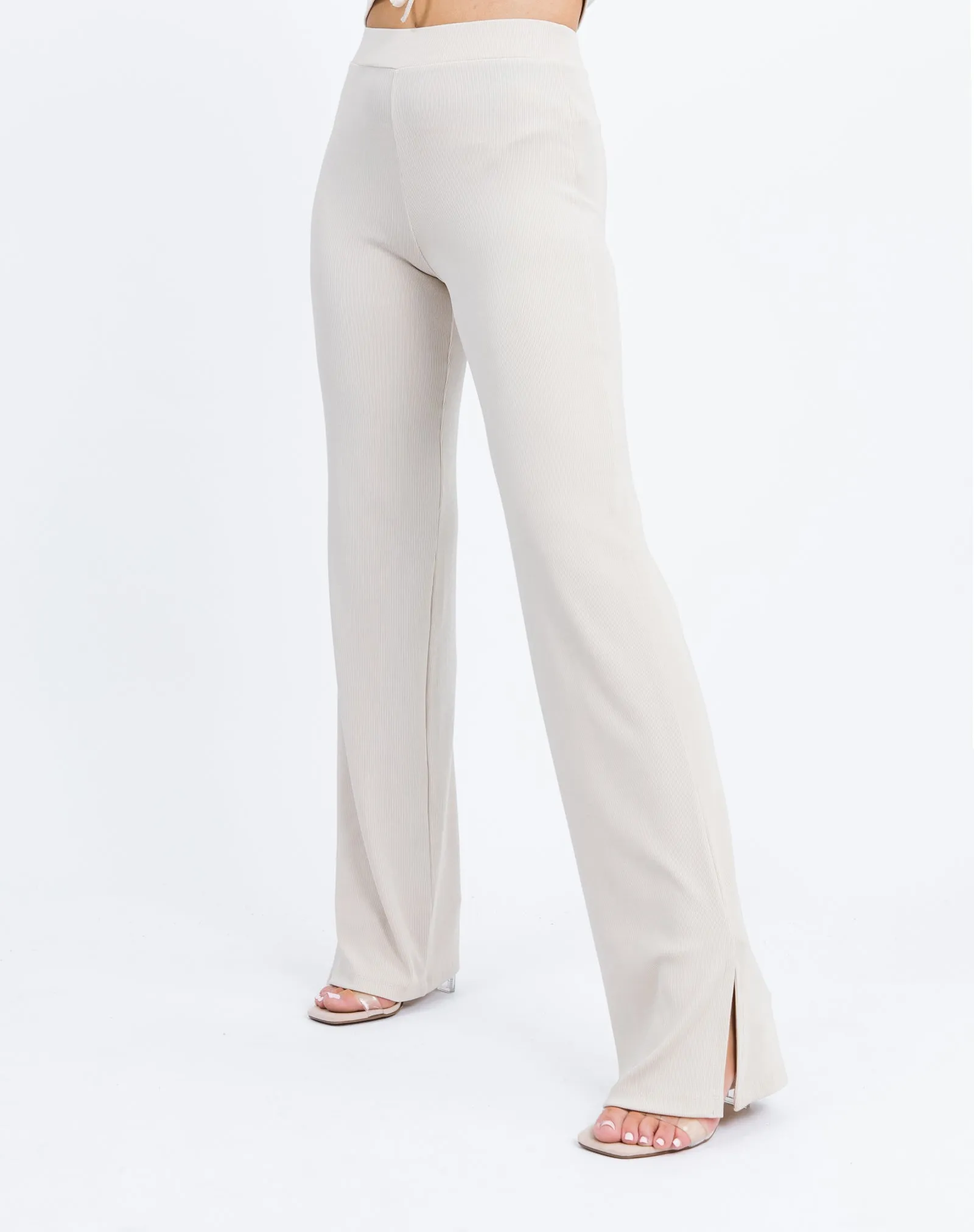 Wide Leg Rib Stretch Trousers in Beige| Lana
