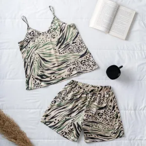 Women summer pajama set Olive x Black leopard top   shorts